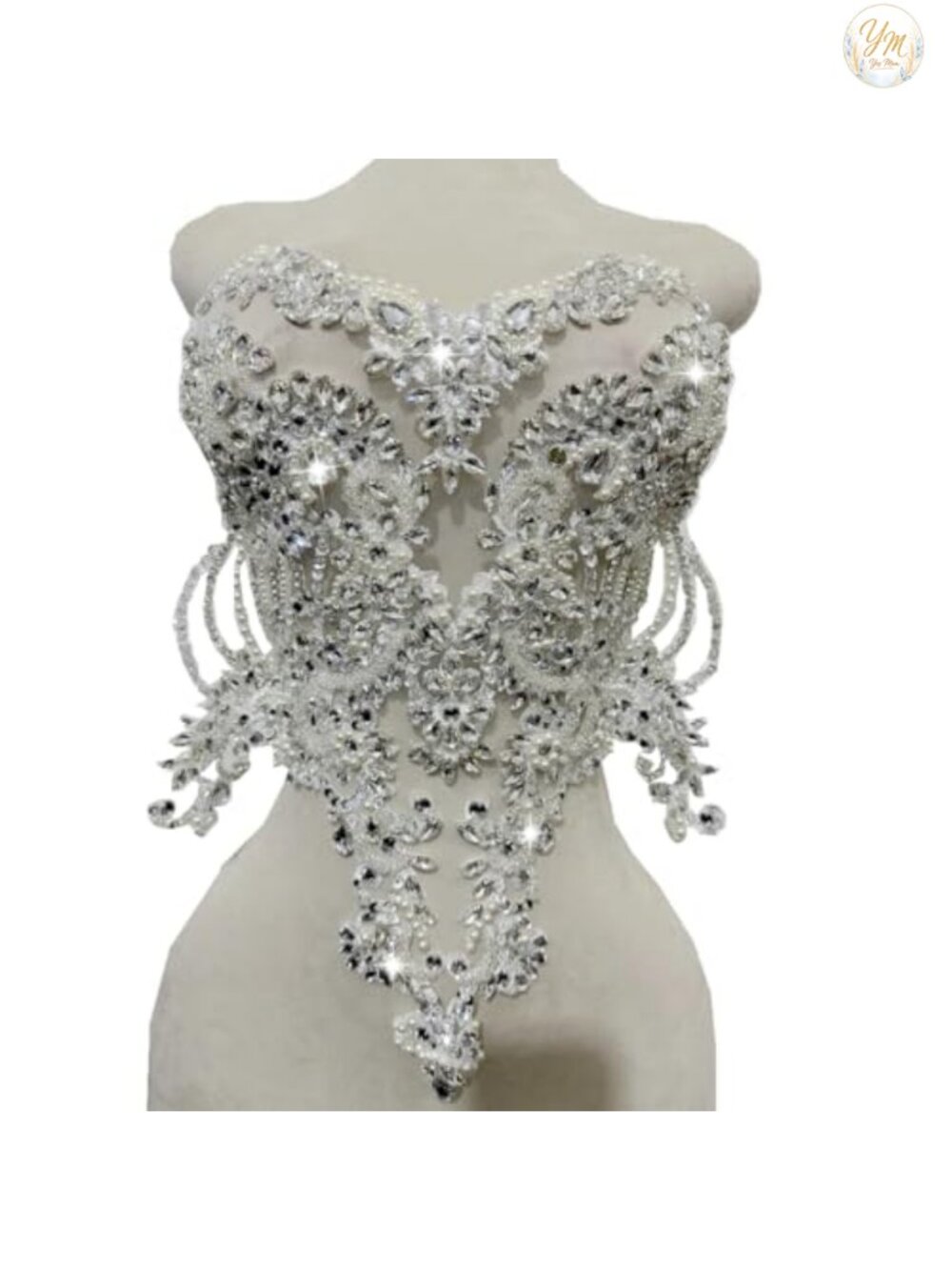 Rhinestones Lace Bodice Applique Sewing Beads Crystal Trim Patch for Dress